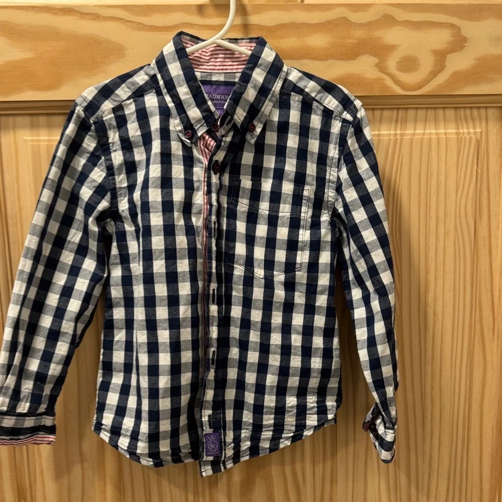 Navy and White Checkered Button-Up Shirt